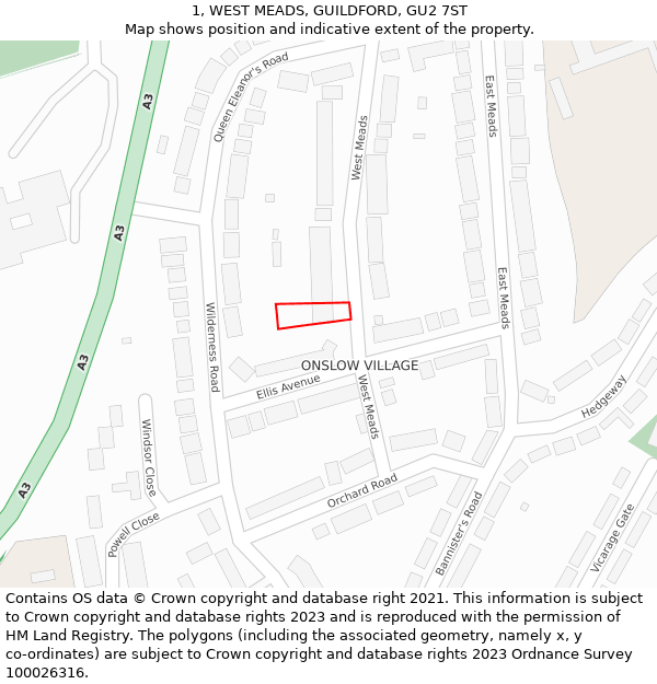 1, WEST MEADS, GUILDFORD, GU2 7ST: Location map and indicative extent of plot