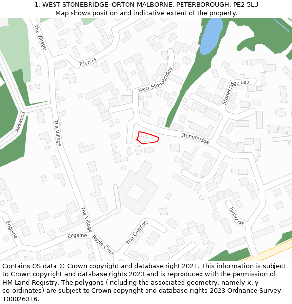 1, WEST STONEBRIDGE, ORTON MALBORNE, PETERBOROUGH, PE2 5LU: Location map and indicative extent of plot