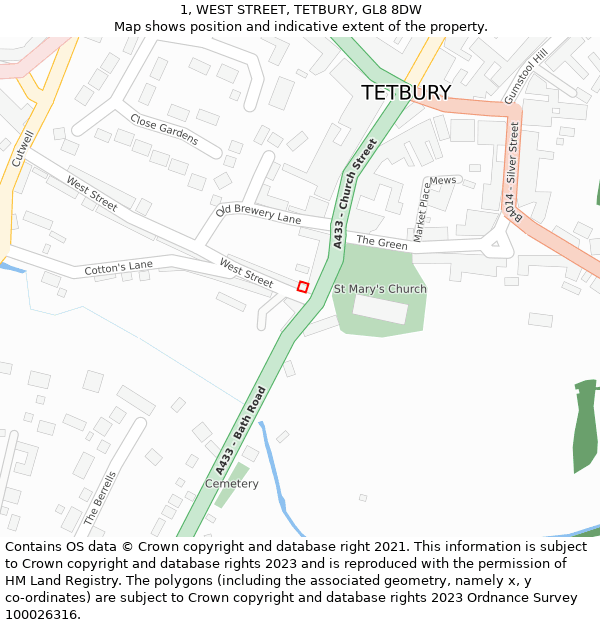 1, WEST STREET, TETBURY, GL8 8DW: Location map and indicative extent of plot