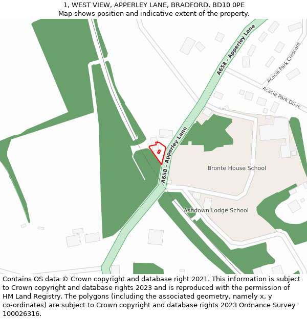 1, WEST VIEW, APPERLEY LANE, BRADFORD, BD10 0PE: Location map and indicative extent of plot