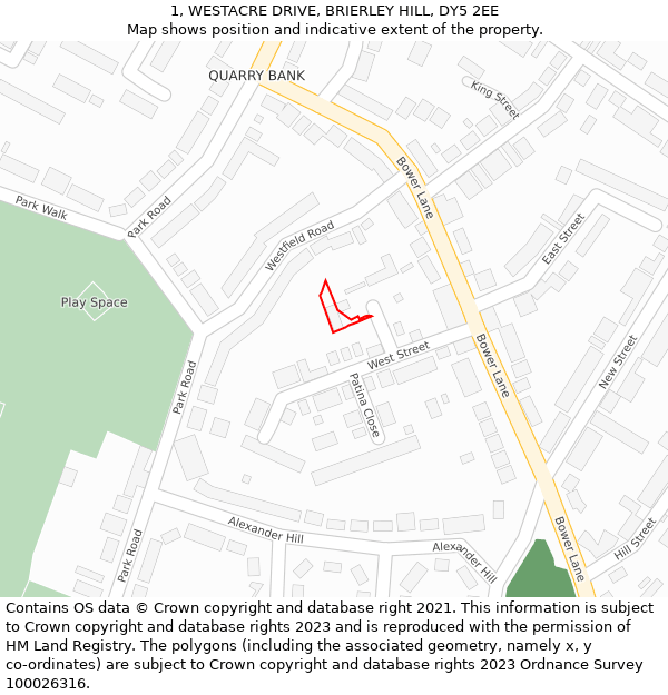 1, WESTACRE DRIVE, BRIERLEY HILL, DY5 2EE: Location map and indicative extent of plot