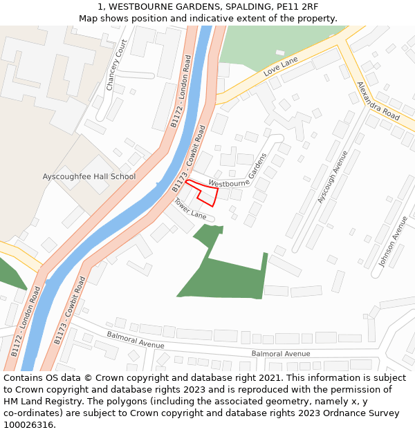 1, WESTBOURNE GARDENS, SPALDING, PE11 2RF: Location map and indicative extent of plot