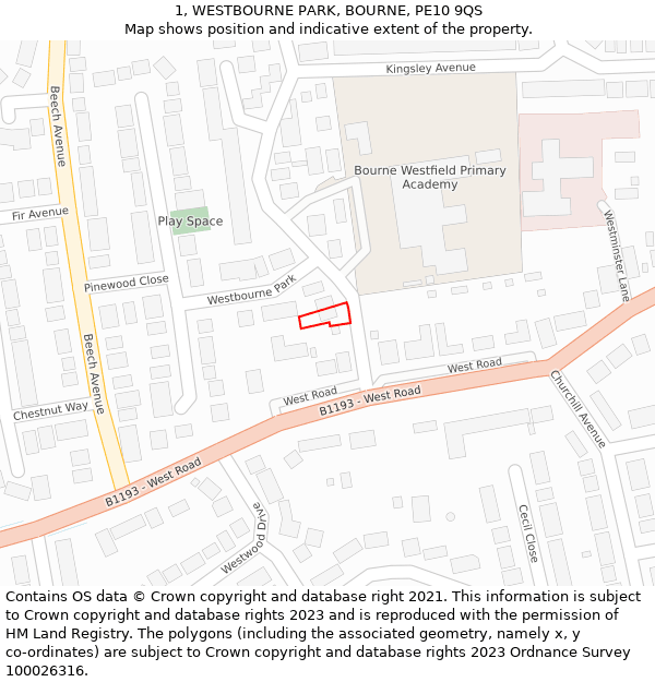 1, WESTBOURNE PARK, BOURNE, PE10 9QS: Location map and indicative extent of plot