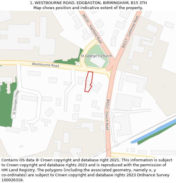 1, WESTBOURNE ROAD, EDGBASTON, BIRMINGHAM, B15 3TH: Location map and indicative extent of plot