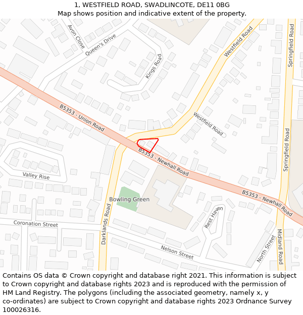 1, WESTFIELD ROAD, SWADLINCOTE, DE11 0BG: Location map and indicative extent of plot