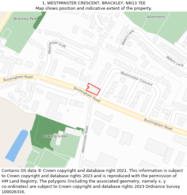 1, WESTMINSTER CRESCENT, BRACKLEY, NN13 7EE: Location map and indicative extent of plot