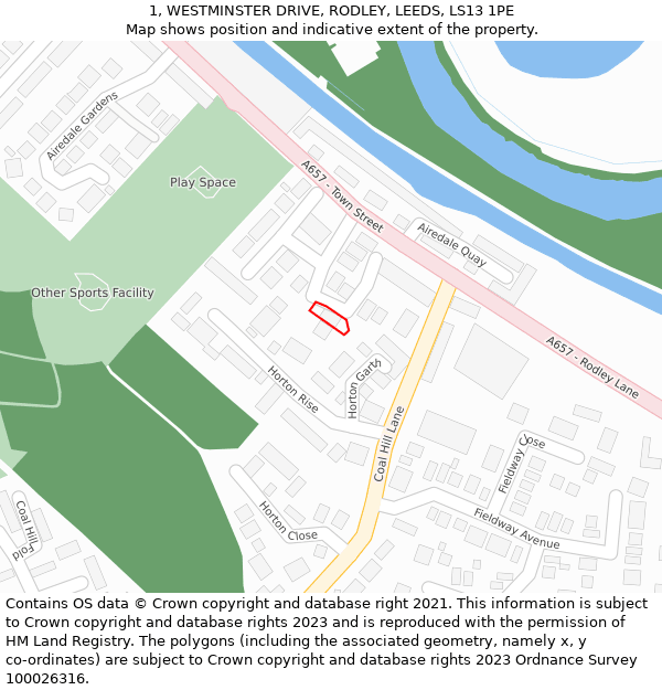 1, WESTMINSTER DRIVE, RODLEY, LEEDS, LS13 1PE: Location map and indicative extent of plot