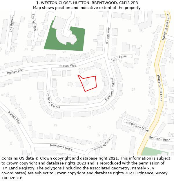 1, WESTON CLOSE, HUTTON, BRENTWOOD, CM13 2PR: Location map and indicative extent of plot