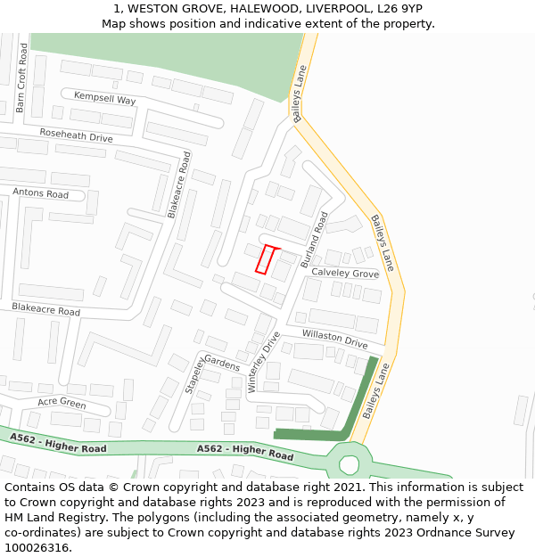 1, WESTON GROVE, HALEWOOD, LIVERPOOL, L26 9YP: Location map and indicative extent of plot