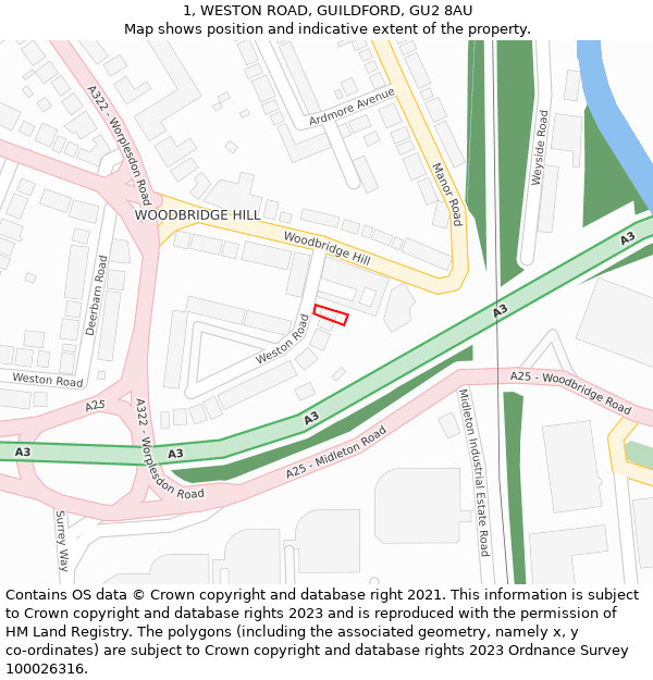 1, WESTON ROAD, GUILDFORD, GU2 8AU: Location map and indicative extent of plot