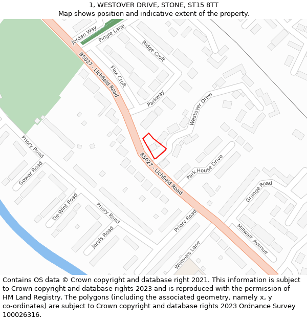 1, WESTOVER DRIVE, STONE, ST15 8TT: Location map and indicative extent of plot