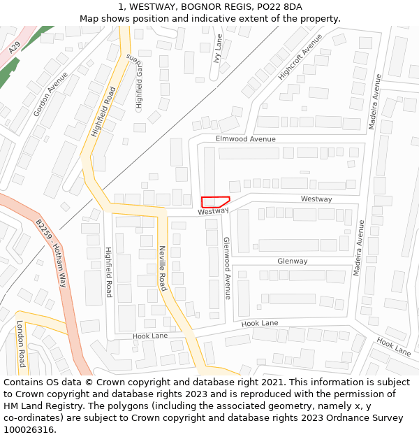 1, WESTWAY, BOGNOR REGIS, PO22 8DA: Location map and indicative extent of plot