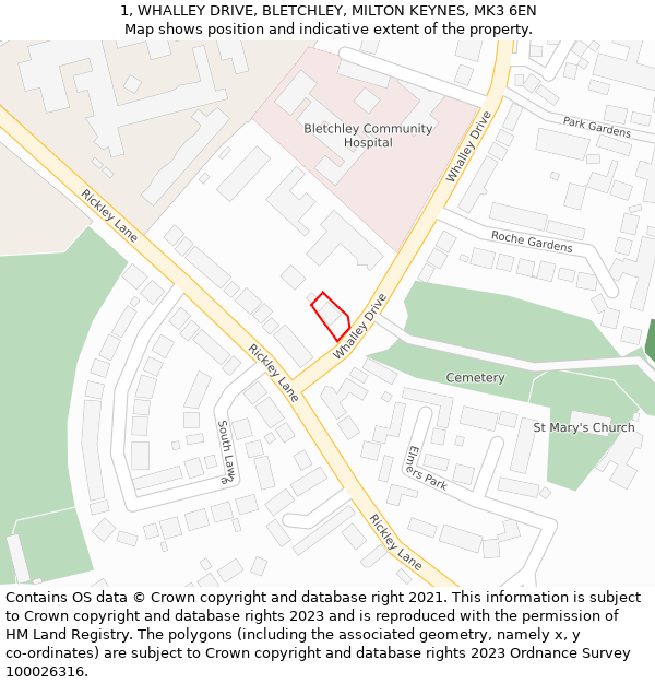 1, WHALLEY DRIVE, BLETCHLEY, MILTON KEYNES, MK3 6EN: Location map and indicative extent of plot