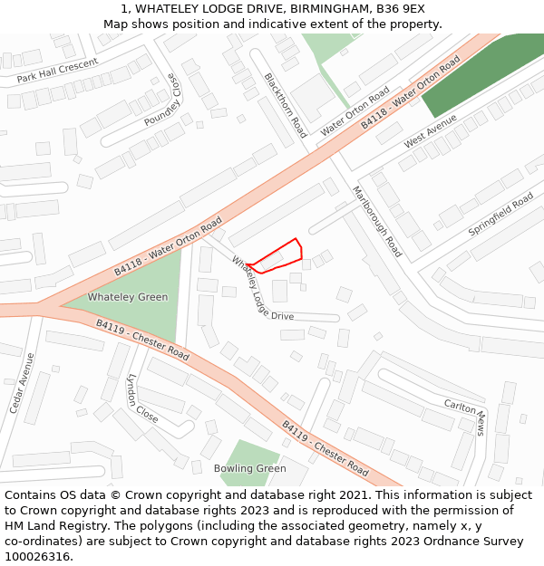 1, WHATELEY LODGE DRIVE, BIRMINGHAM, B36 9EX: Location map and indicative extent of plot