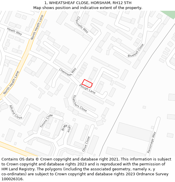 1, WHEATSHEAF CLOSE, HORSHAM, RH12 5TH: Location map and indicative extent of plot