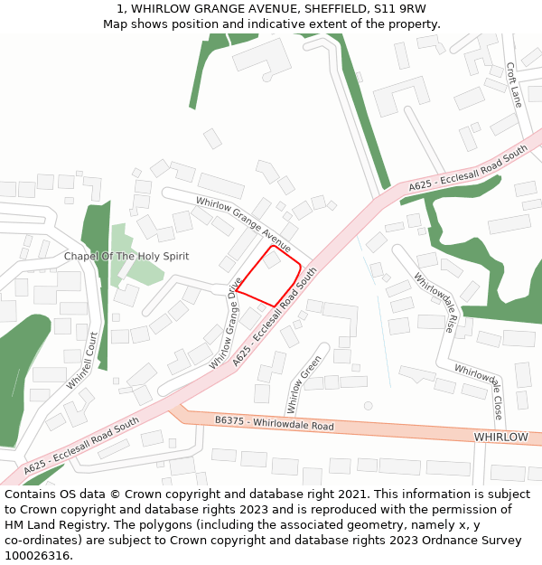 1, WHIRLOW GRANGE AVENUE, SHEFFIELD, S11 9RW: Location map and indicative extent of plot