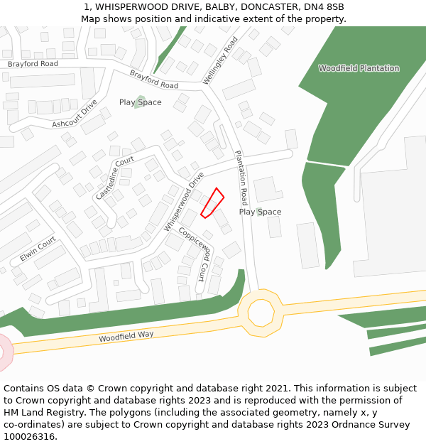 1, WHISPERWOOD DRIVE, BALBY, DONCASTER, DN4 8SB: Location map and indicative extent of plot