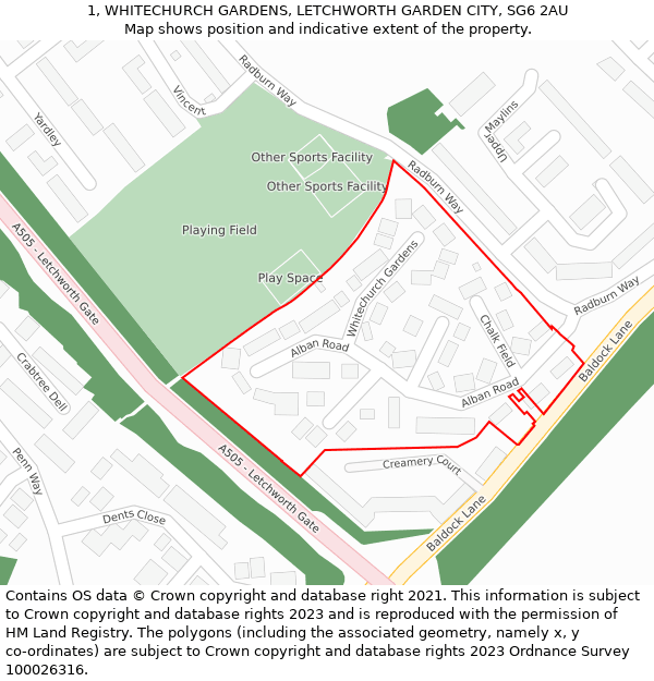 1, WHITECHURCH GARDENS, LETCHWORTH GARDEN CITY, SG6 2AU: Location map and indicative extent of plot