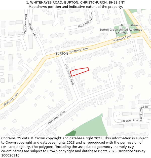 1, WHITEHAYES ROAD, BURTON, CHRISTCHURCH, BH23 7NY: Location map and indicative extent of plot