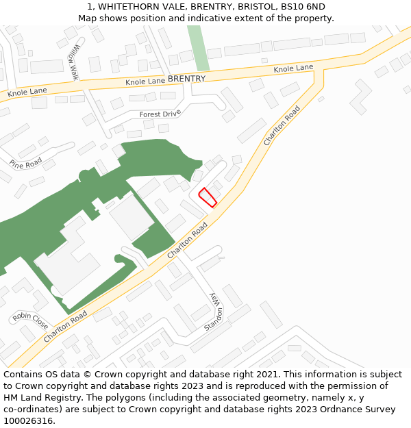 1, WHITETHORN VALE, BRENTRY, BRISTOL, BS10 6ND: Location map and indicative extent of plot