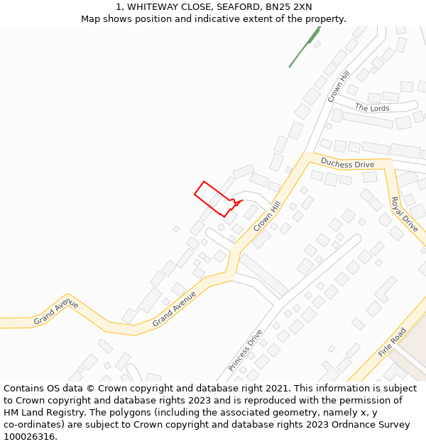 1, WHITEWAY CLOSE, SEAFORD, BN25 2XN: Location map and indicative extent of plot