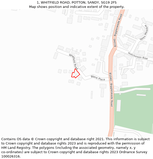 1, WHITFIELD ROAD, POTTON, SANDY, SG19 2FS: Location map and indicative extent of plot