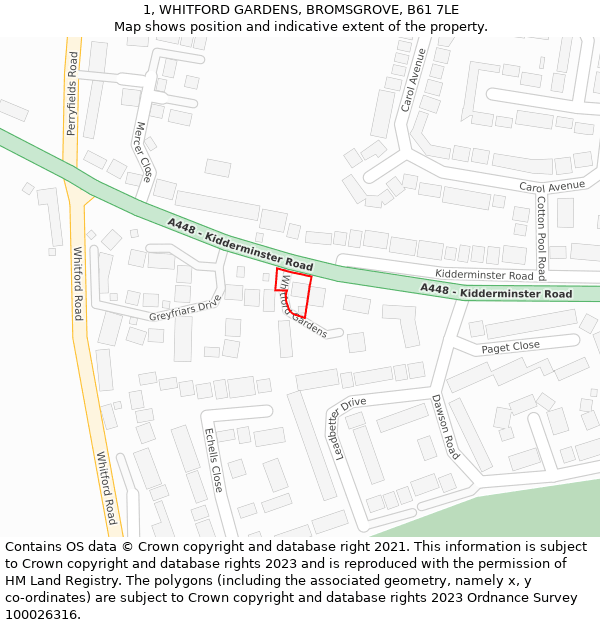 1, WHITFORD GARDENS, BROMSGROVE, B61 7LE: Location map and indicative extent of plot