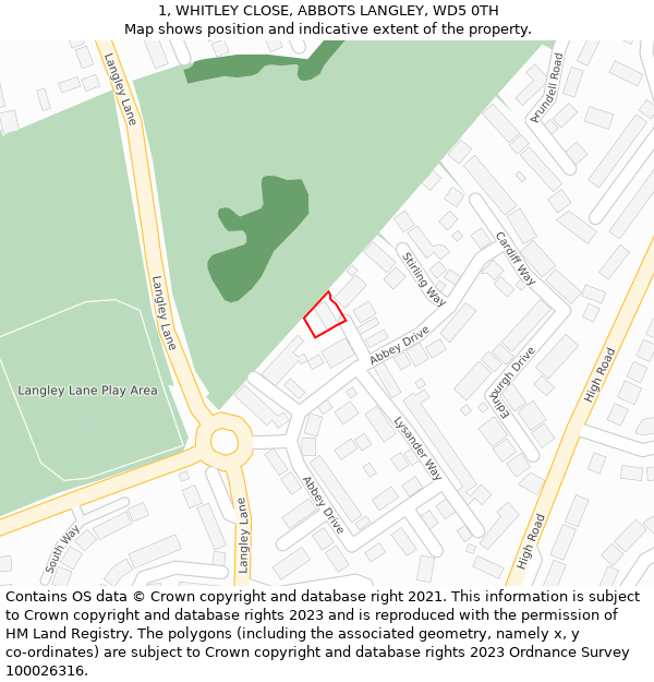 1, WHITLEY CLOSE, ABBOTS LANGLEY, WD5 0TH: Location map and indicative extent of plot
