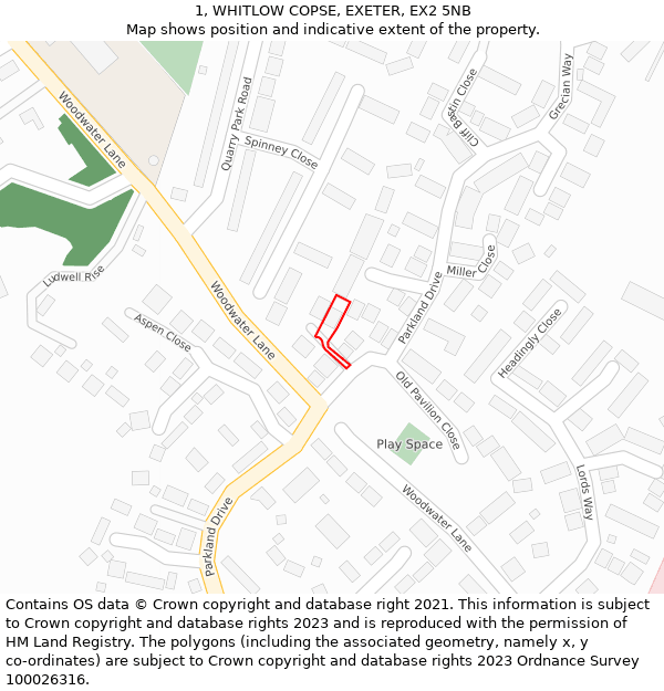 1, WHITLOW COPSE, EXETER, EX2 5NB: Location map and indicative extent of plot