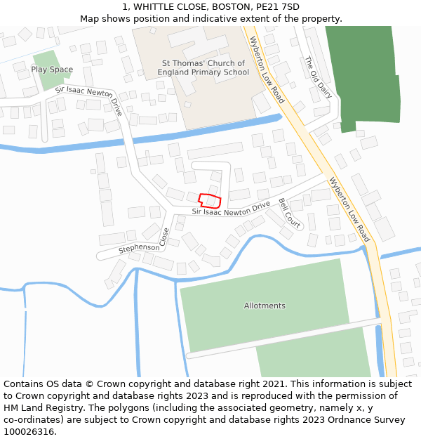 1, WHITTLE CLOSE, BOSTON, PE21 7SD: Location map and indicative extent of plot