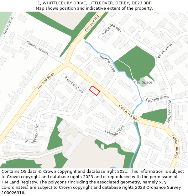1, WHITTLEBURY DRIVE, LITTLEOVER, DERBY, DE23 3BF: Location map and indicative extent of plot