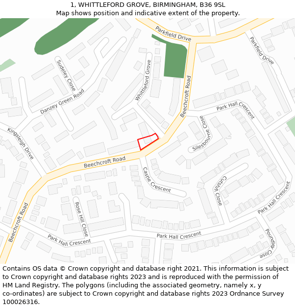 1, WHITTLEFORD GROVE, BIRMINGHAM, B36 9SL: Location map and indicative extent of plot