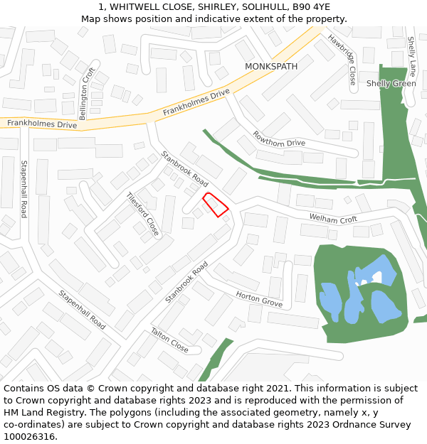 1, WHITWELL CLOSE, SHIRLEY, SOLIHULL, B90 4YE: Location map and indicative extent of plot