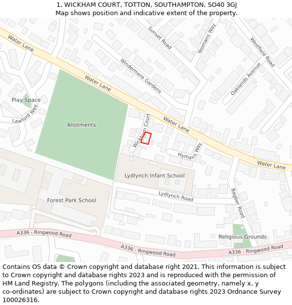 1, WICKHAM COURT, TOTTON, SOUTHAMPTON, SO40 3GJ: Location map and indicative extent of plot