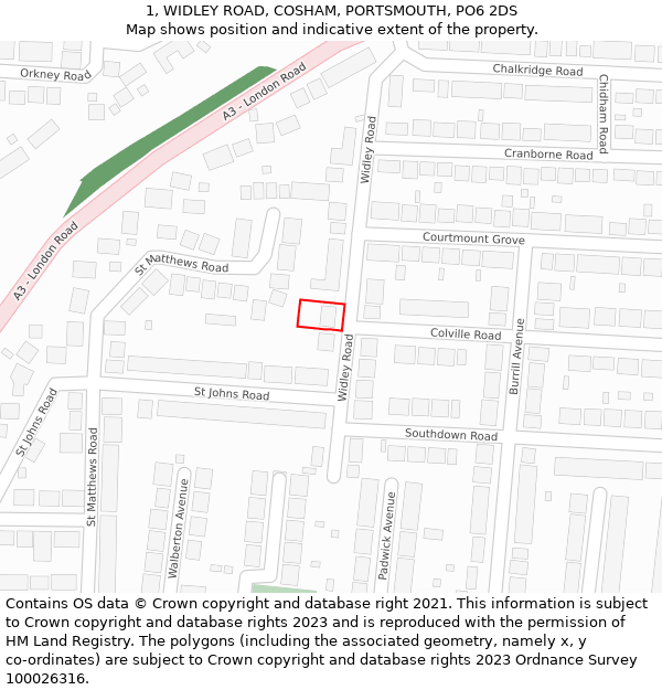 1, WIDLEY ROAD, COSHAM, PORTSMOUTH, PO6 2DS: Location map and indicative extent of plot