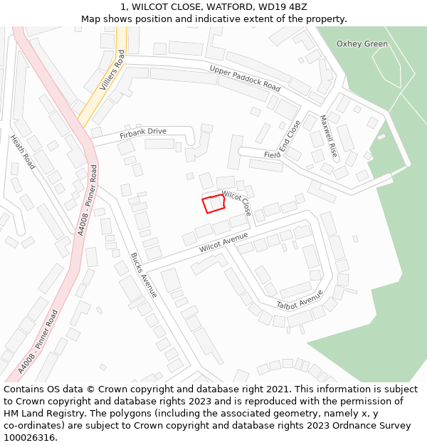 1, WILCOT CLOSE, WATFORD, WD19 4BZ: Location map and indicative extent of plot