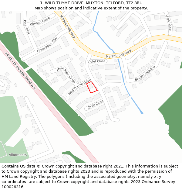 1, WILD THYME DRIVE, MUXTON, TELFORD, TF2 8RU: Location map and indicative extent of plot