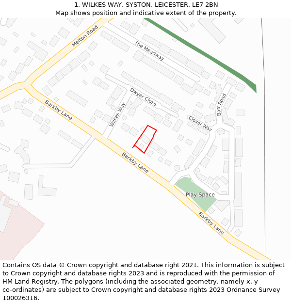 1, WILKES WAY, SYSTON, LEICESTER, LE7 2BN: Location map and indicative extent of plot