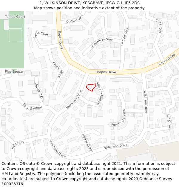 1, WILKINSON DRIVE, KESGRAVE, IPSWICH, IP5 2DS: Location map and indicative extent of plot