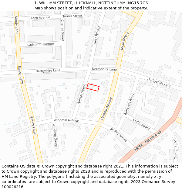 1, WILLIAM STREET, HUCKNALL, NOTTINGHAM, NG15 7GS: Location map and indicative extent of plot