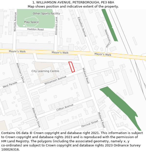 1, WILLIAMSON AVENUE, PETERBOROUGH, PE3 6BA: Location map and indicative extent of plot