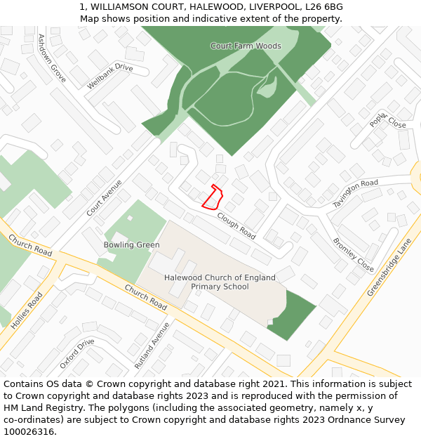 1, WILLIAMSON COURT, HALEWOOD, LIVERPOOL, L26 6BG: Location map and indicative extent of plot