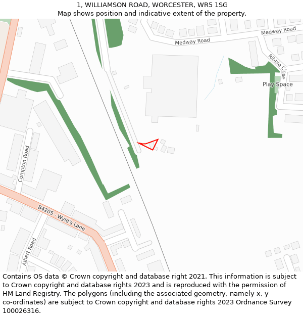 1, WILLIAMSON ROAD, WORCESTER, WR5 1SG: Location map and indicative extent of plot