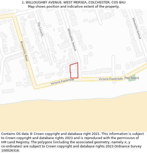 1, WILLOUGHBY AVENUE, WEST MERSEA, COLCHESTER, CO5 8AU: Location map and indicative extent of plot