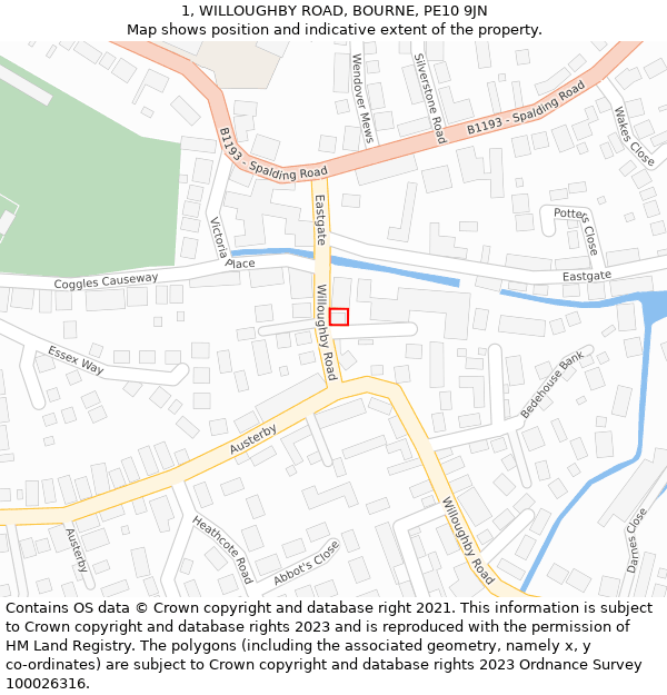 1, WILLOUGHBY ROAD, BOURNE, PE10 9JN: Location map and indicative extent of plot