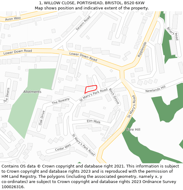 1, WILLOW CLOSE, PORTISHEAD, BRISTOL, BS20 6XW: Location map and indicative extent of plot