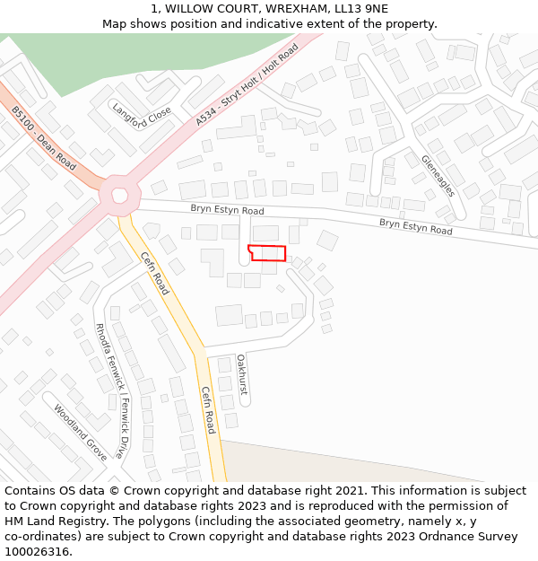 1, WILLOW COURT, WREXHAM, LL13 9NE: Location map and indicative extent of plot