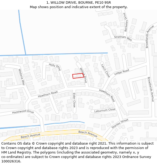 1, WILLOW DRIVE, BOURNE, PE10 9SR: Location map and indicative extent of plot