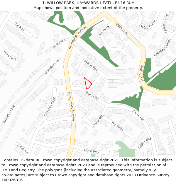 1, WILLOW PARK, HAYWARDS HEATH, RH16 3UA: Location map and indicative extent of plot