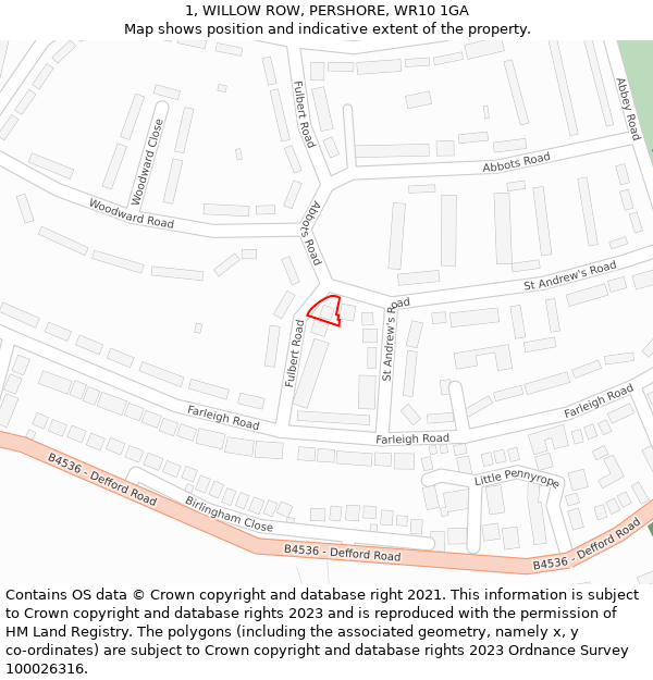 1, WILLOW ROW, PERSHORE, WR10 1GA: Location map and indicative extent of plot